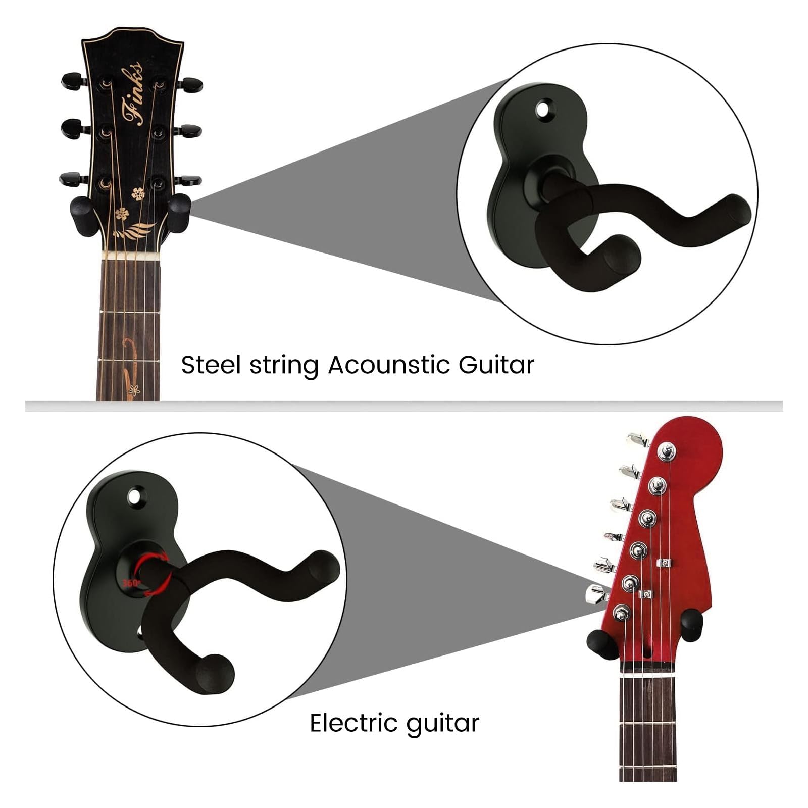 GUIGA 2PCS Supporto per Chitarra da Parete,Supporto per Gancio per Ukulele,Supporto da Parete per Chitarra, Porta Chitarra a Parete Bassi Elettrici Acustici e Ukulele, Nero Chiaro