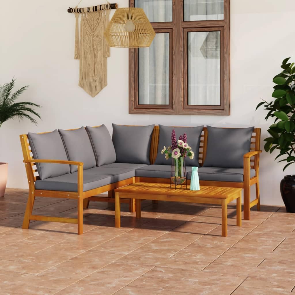 Mobili da giardino, 4 pezzi, in legno di acacia, cuscini color crema | Design modulare, rivestimento in poliestere lavabile, tavolino incluso, seduta imbottita