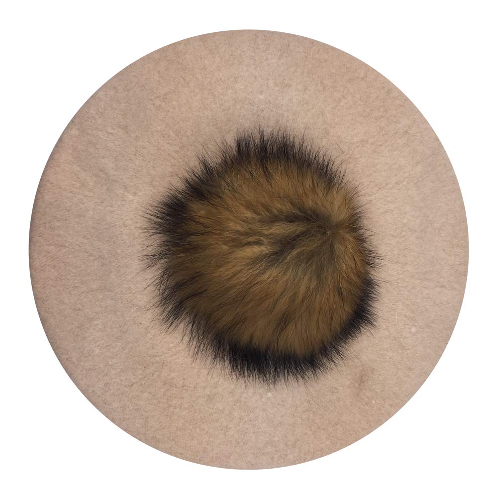 MINAKOLIFE Womens French Artist Wool Beret Fur Pompom Hats (Beige)