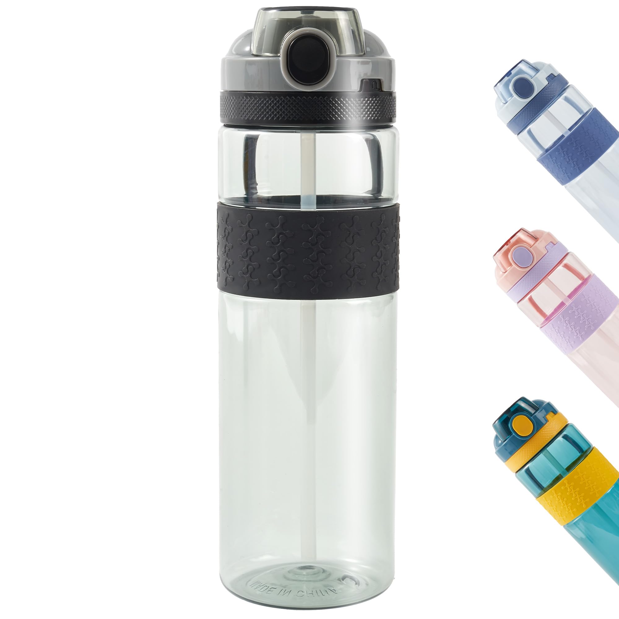 Kerilyn 27oz Leak-Proof Plastic Water Bottle, One-Click Open Safety Lock Sports Water Bottle, Durable Food Grade Plastic Water Bottle, BPA & Toxin-Free (Black)