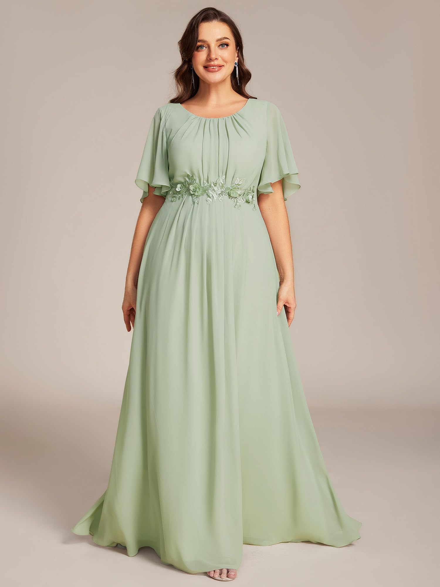 Ever-Pretty Plus Damen-Kleid mit Rundhalsausschnitt, kurze Ärmel, bodenlang, Übergröße, formelle Kleider, Brautmutterkleid