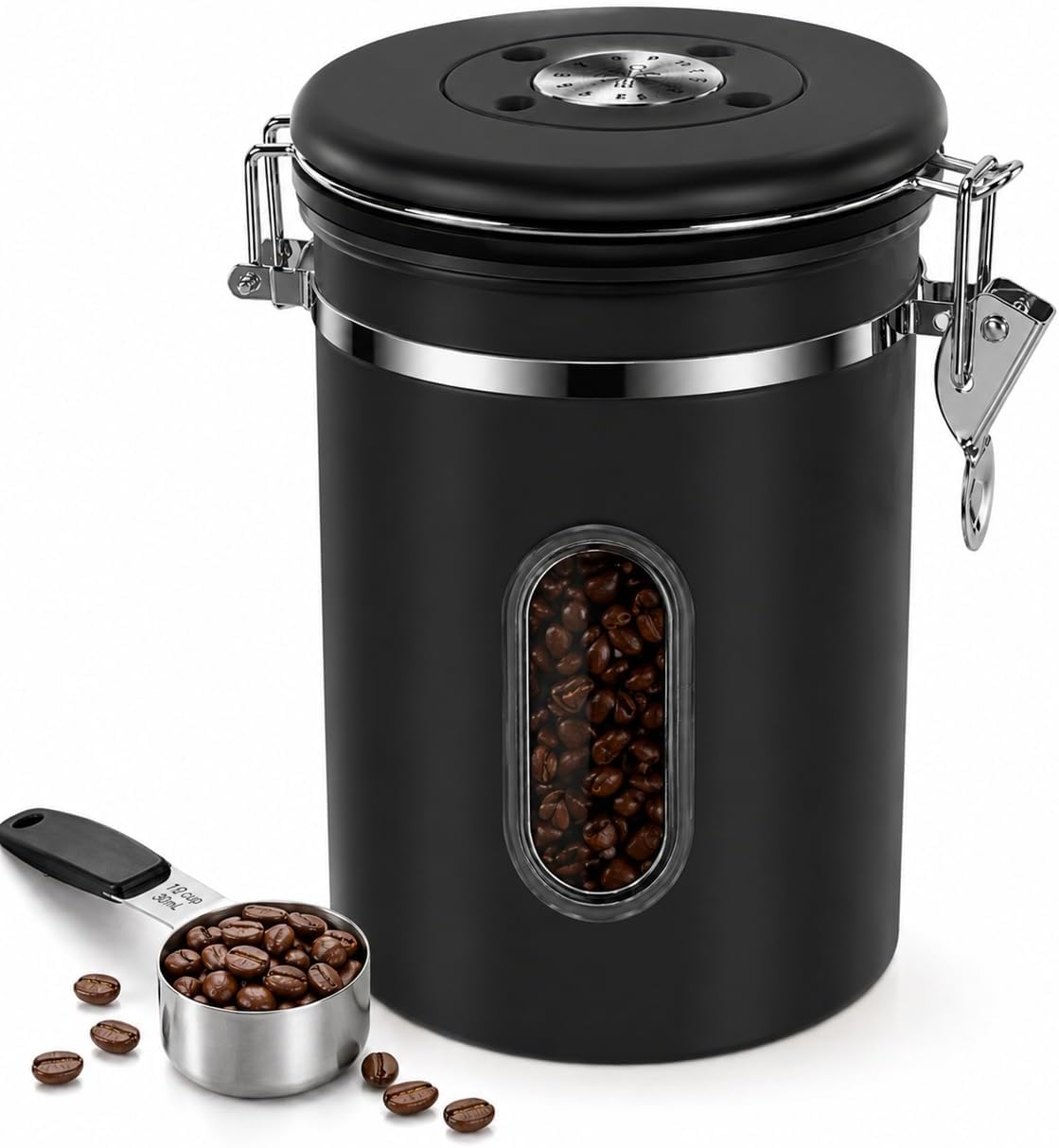 Coffee Canister with Airtight Lid, 22oz, 60 fl oz White, Stainless Steel Air Tight Lid Container with Date Tracker and Scoop Food Storage Jar for Coffee Bean (Cream)