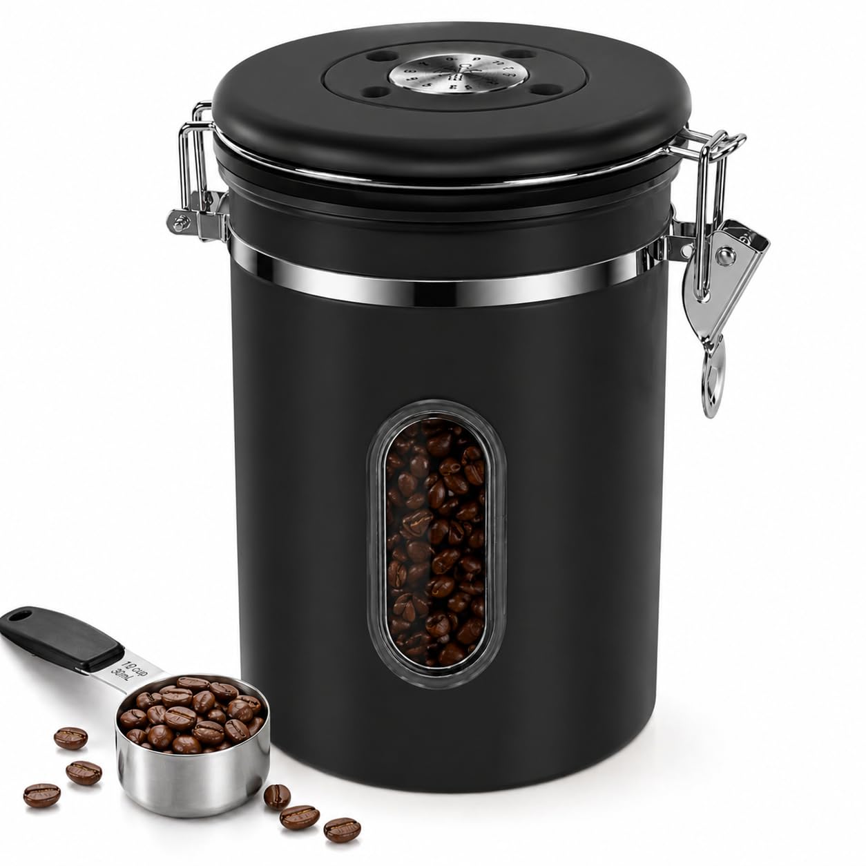 INFTYLE Black Coffee Canister Airtight 22oz Stainless Steel Coffee Bean Storage Container with Date Tracker, Window & One-Way CO2 Valve, Kitchen Coffee Jar for Beans, Ground Coffee, Tea, Sugar, Rice