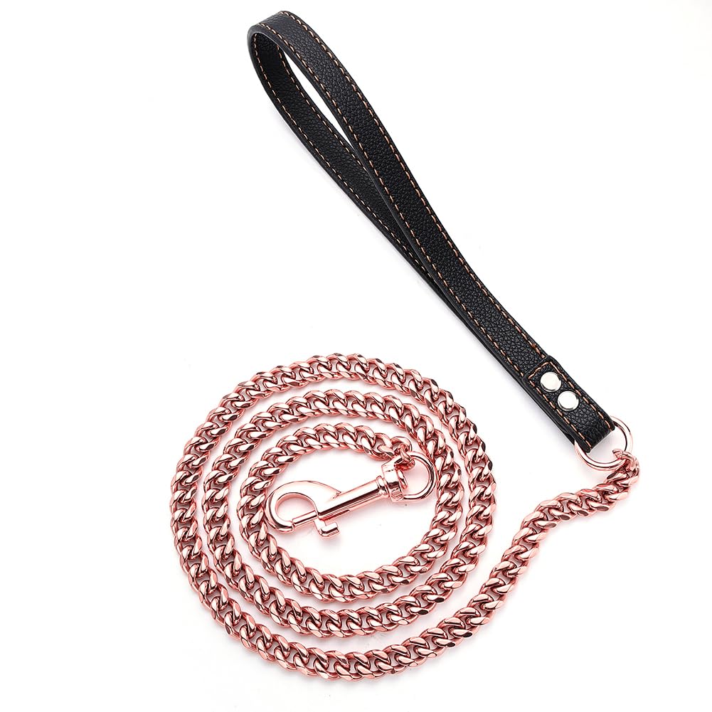 RUMYPET Rose Gold Dog Leash 11mm Cuban Link Chain Dog Leash Durable Stainless Steel Metal with Leather Handle for Small Medium Large Dogs 3FT/4FT/5FT(
