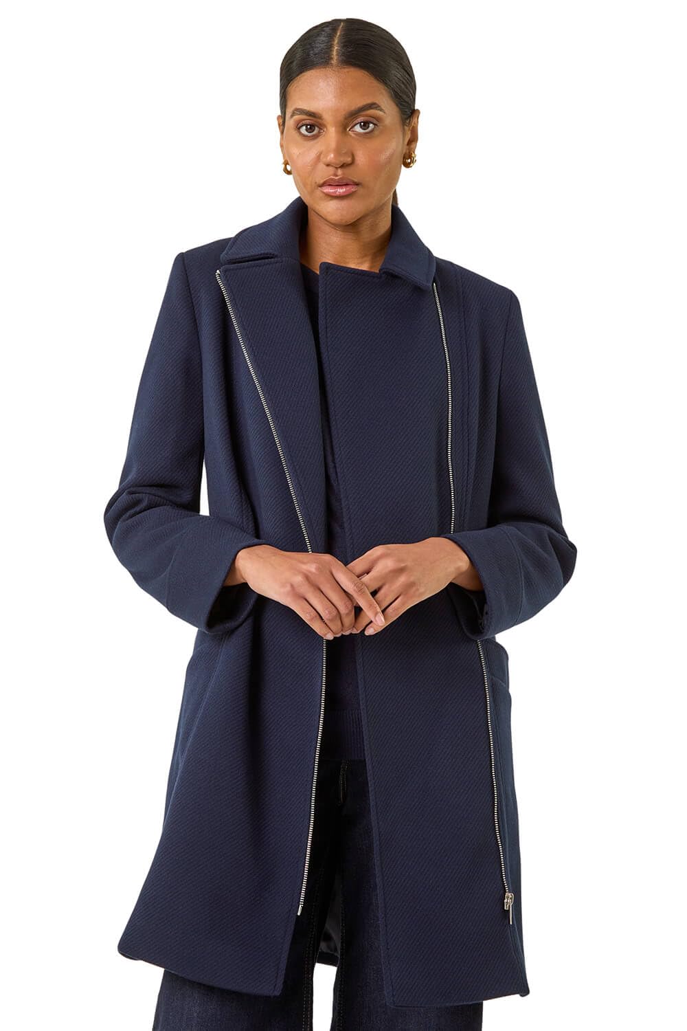 Roman Originals Women's Navy Longline Biker Coat For Uk - Everyday Autumn Winter Collar & Revere Comfy Soft Evening Vacation Work Party Night Out - Size 14