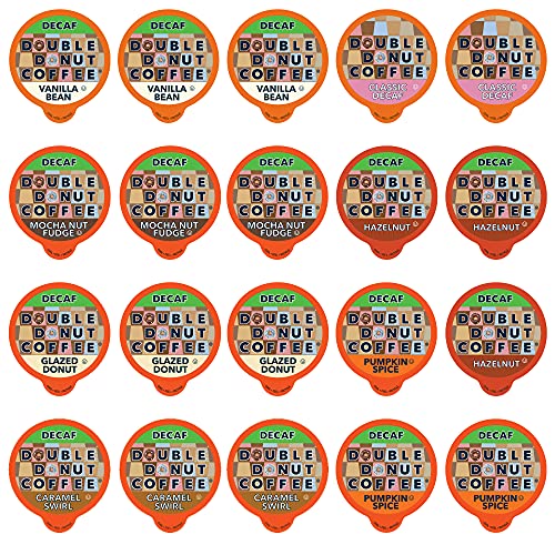 Double Donut Coffee Decaf Flavored Coffee Single Serve Cups For Keurig K Cup Brewer Variety Pack Sampler, 20Count