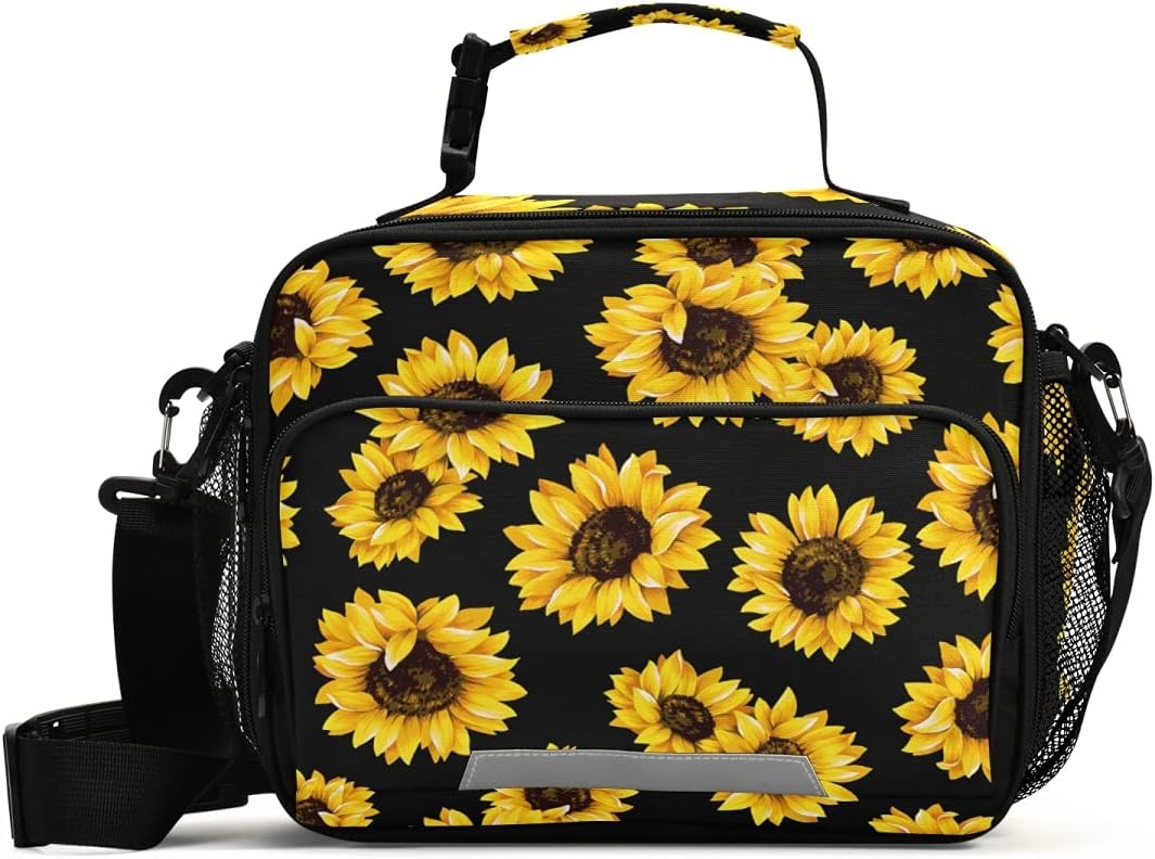 senya Sunflower Black Lunch Bag Insulated Reusable Tote Bag for Girls Boys Women Men Thermal Cooler Bag with Adjustable Strap for Work School