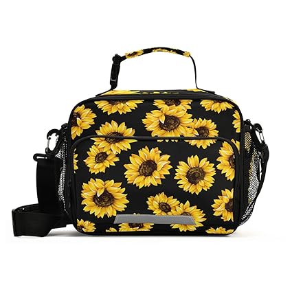 Sunflower Black Lunch Bag Insulated Reusable Tote Bag for Girls Boys Women Men Thermal Cooler Bag with Adjustable Strap for Work School