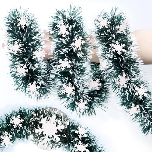 50FT Green White Christmas Tinsel Garland with Snowflake Ornaments Metallic