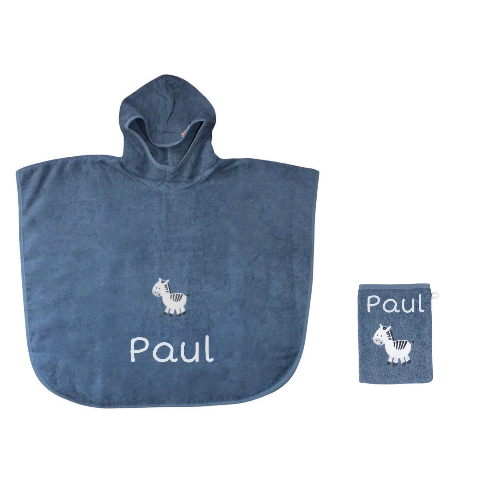 Kinder Poncho + Waschlappen mit Name Bestickt mit Name | Badeponcho | personalisiert | Kapuzenbadetuch Bademantel Kinder | Badetuch mit Kapuze | bis 7 Jahre (dunkelblaues Zebra)