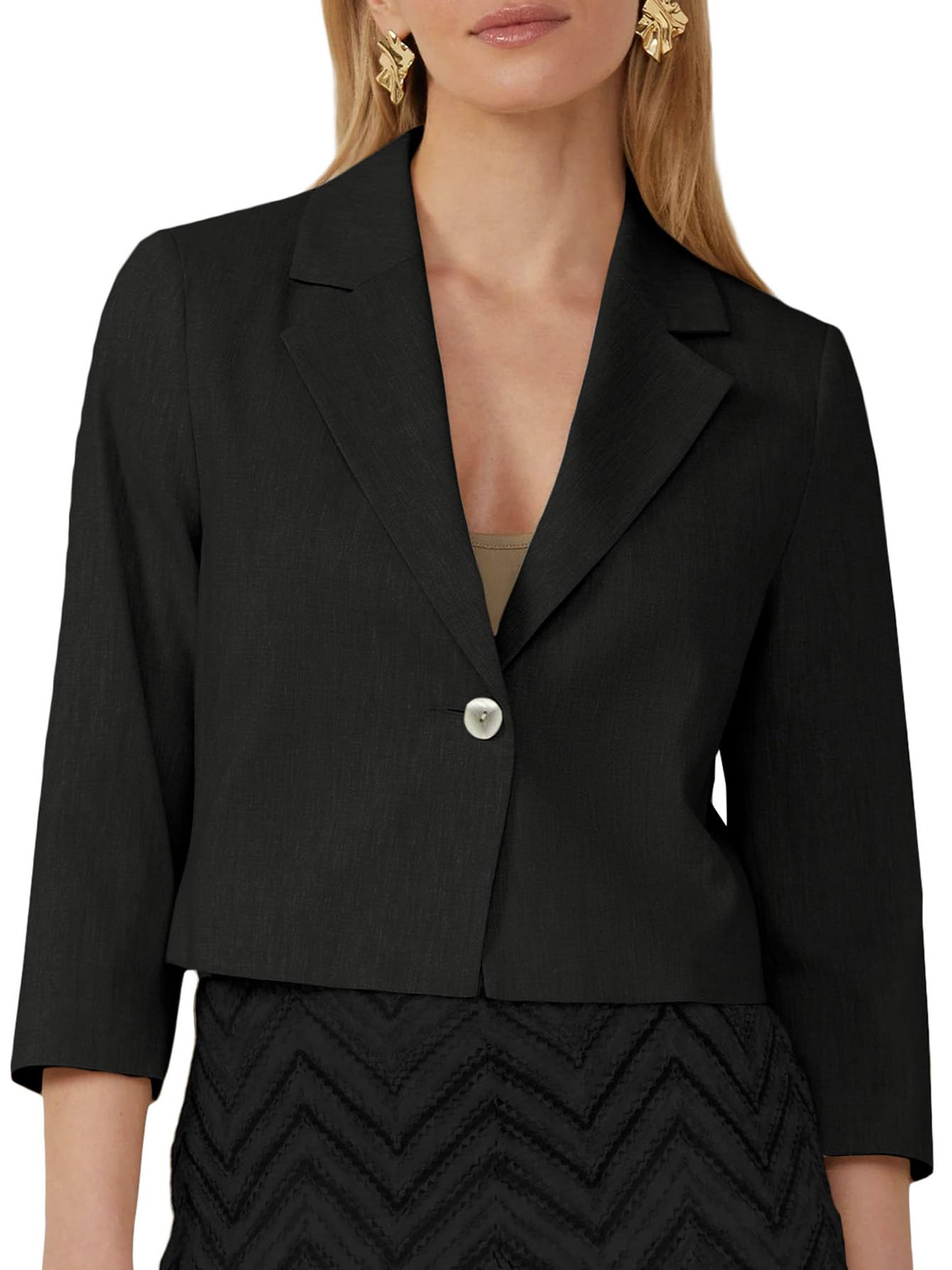 Mina Self 2025 Womens Summer Linen Blazer Cropped 3 4 Sleeve Lightweight Fully-Lined Trendy Casual Work Office Suit