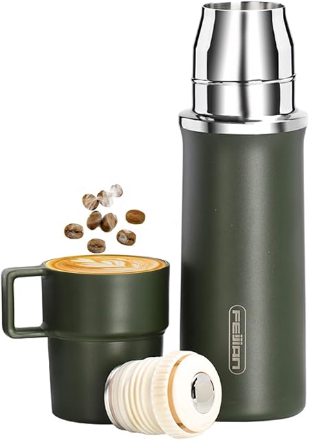 Healter 600ml Travel Vacuum Flask, Water Bottle for Coffee, Built-in Lid Cup, Stainless Steel, Thermal Tea Mug, Sport Bottles, Green