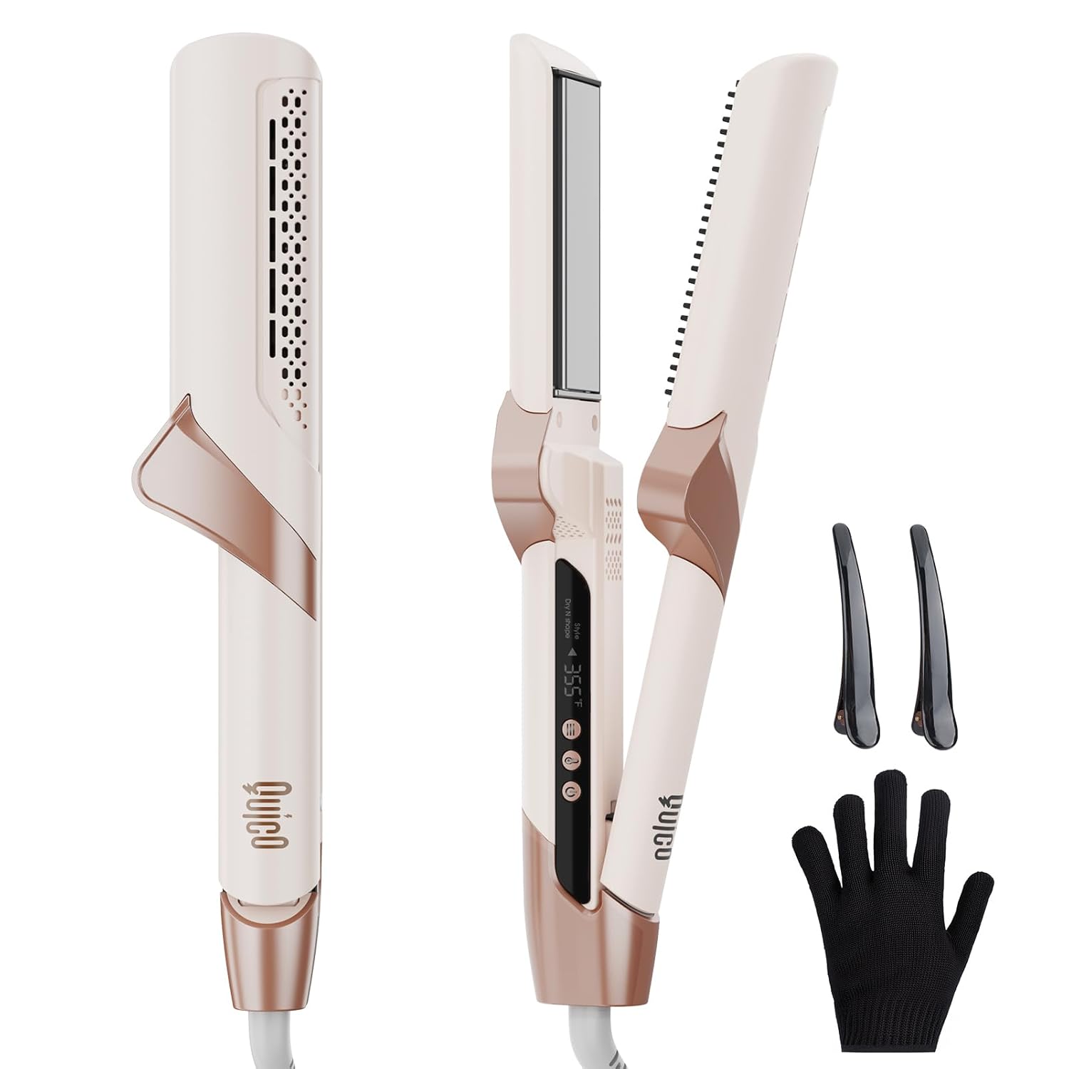 Upgraded Hair Air Straightener, Quico Dual Voltage High-Speed Airflow 2 in 1 Straightener and Curler Travel Airstraight, 5 Temps Ionic Care Flat Iron Hair Straightener, 100-240V, No Heat Damage, Pink