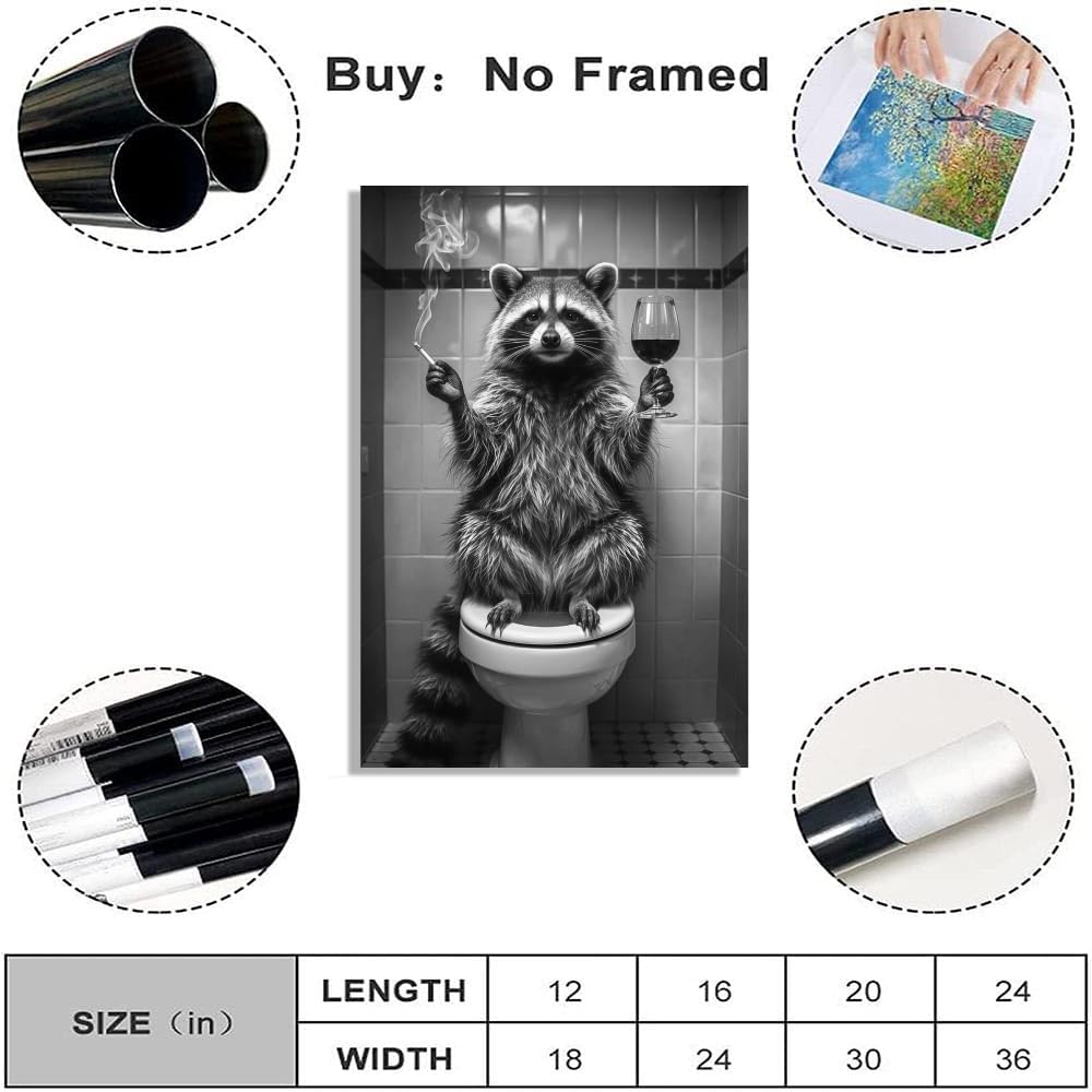Raccoon on Toilet with Wine Glass Bathroom Wall Art – Black and White Quirky Animal Canvas Print – Whimsical Bathroom Decor for Adults 24x36inch Unframed