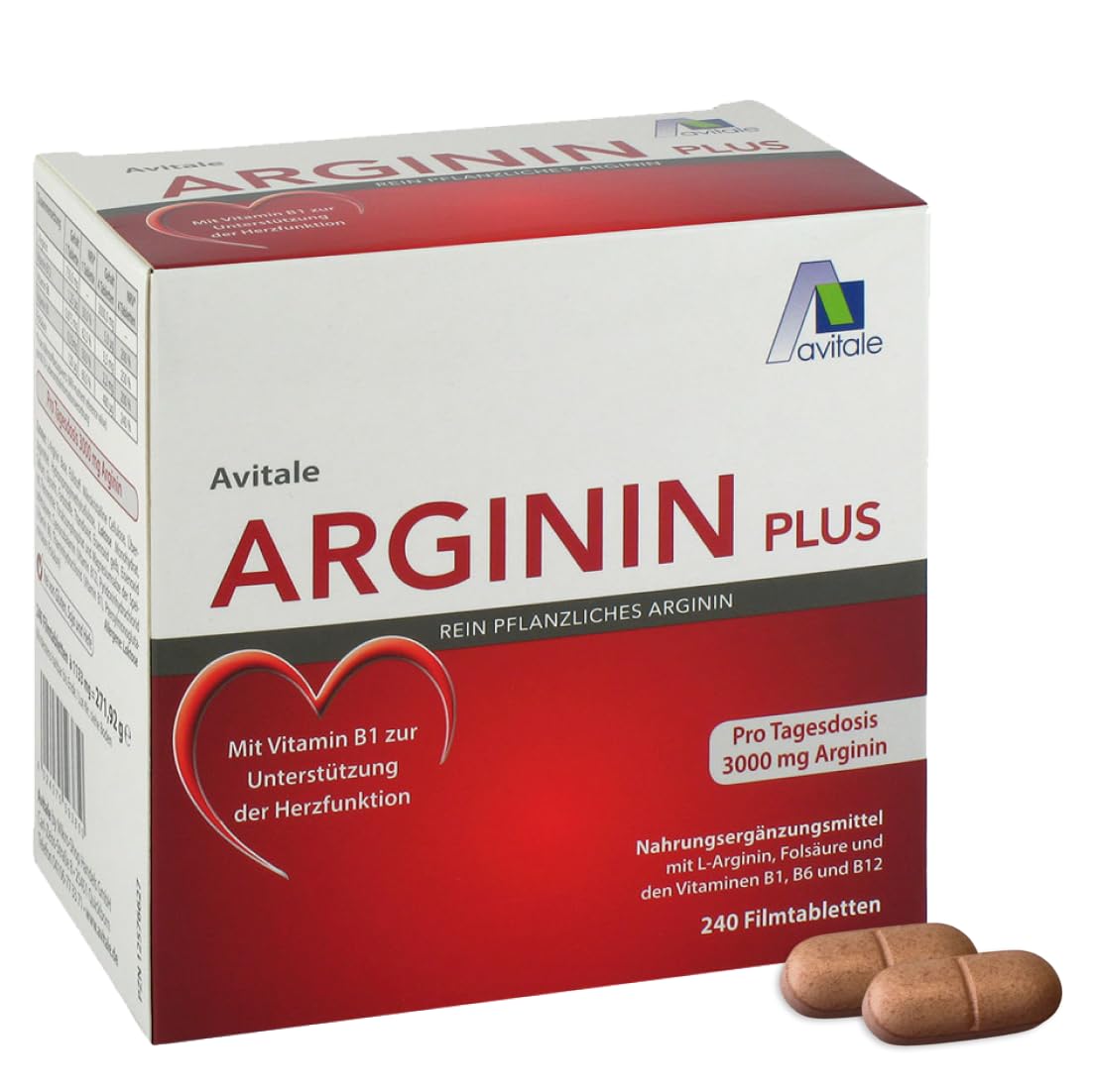 Avitale Arginin plus Tabletten mit 3000 mg rein pflanzlichem Arginin, Vitamin B1, B6, B12 und Folsäure, 240 Tabletten