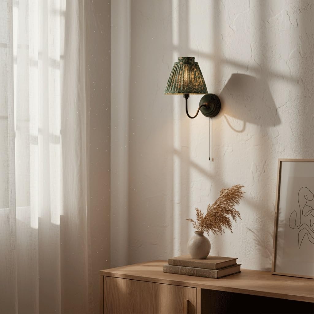 Kinkiet retro vintage, zielony kwiatowy plisowany klosz z tkaniny, czarne metalowe ramię i podstawa, dekoracyjne oświetlenie do sypialni, salonu, przedpokoju, wejścia. Bez zamka