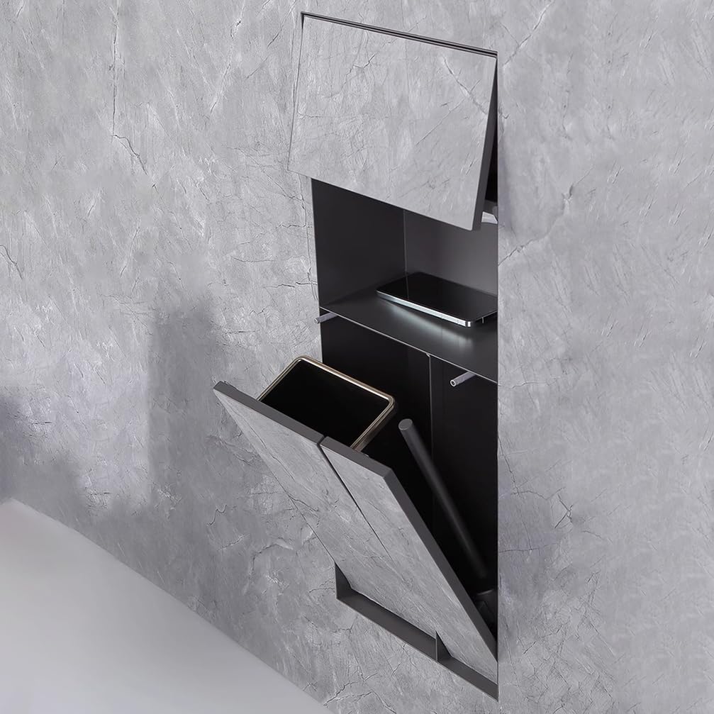 WYRNOBRX Stainless Cabinet Storage Toilet Paper Holder with Storage, Hidden Trash Can Cabinet, with Removable Trash Can And Toilet Brush Bathroom Niche Black,Gold,L32.4*H79.4*W14