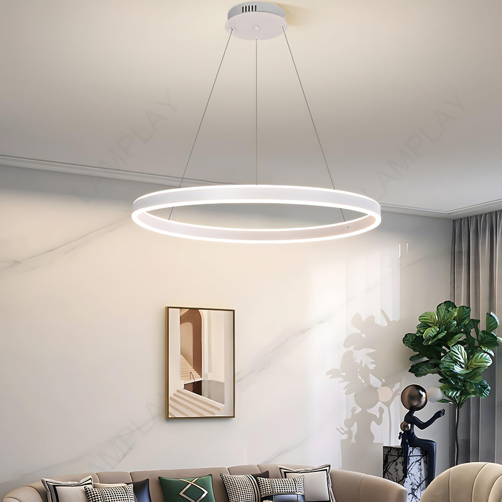 Lampada A Sospensione Moderna A LED Rotonda, 1 Lampadario Ad Anello Bianco, Dimmerabile Con Telecomando 3000K-6000K Lampada Da Soffitto, Altezza Regolabile, Soggiorno Camera Da Letto(Ø60cm)