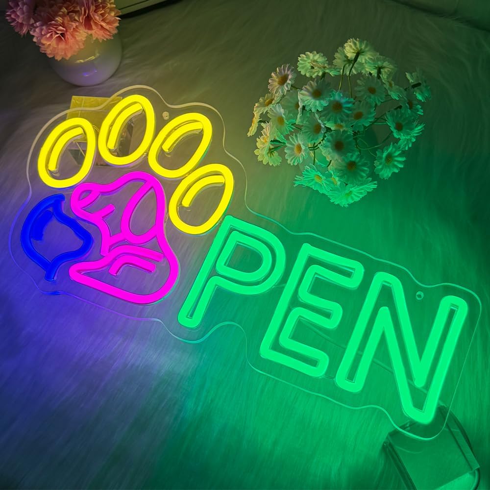 Pet Open Neon Sign, Pet Shop Dog Grooming Open Neon Led Signs for Store Business,Dog Neon Light for Bedroom Wall Decor Pet Shop,Pet Hospital,Pet Salon Store,Pet Spa,Animal Clinics Wall Decor