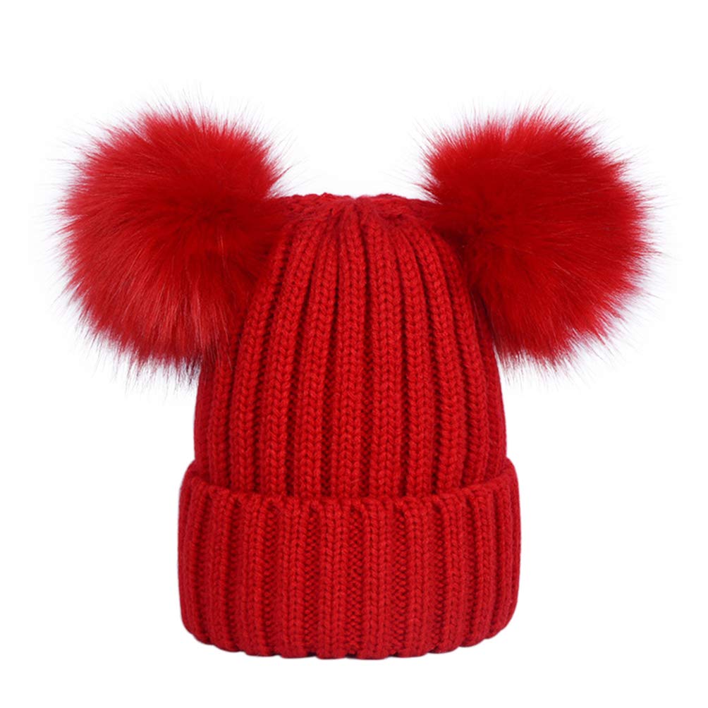Lausons Girls Red Double Pom Beanie Boys Winter Faux Fur Pompom Beanie Bobble Hat