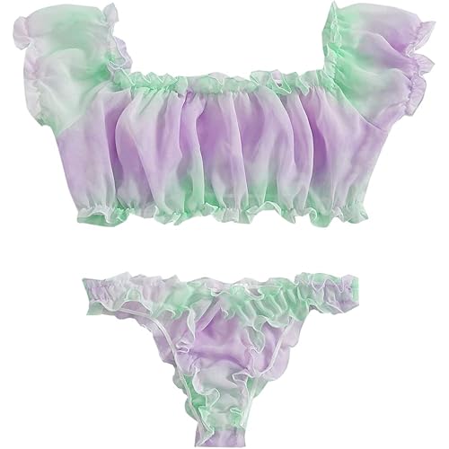WDIRARA Women's Sexy Two Piece Self Tie Ruffle Trim Polka Dots Lingerie Set