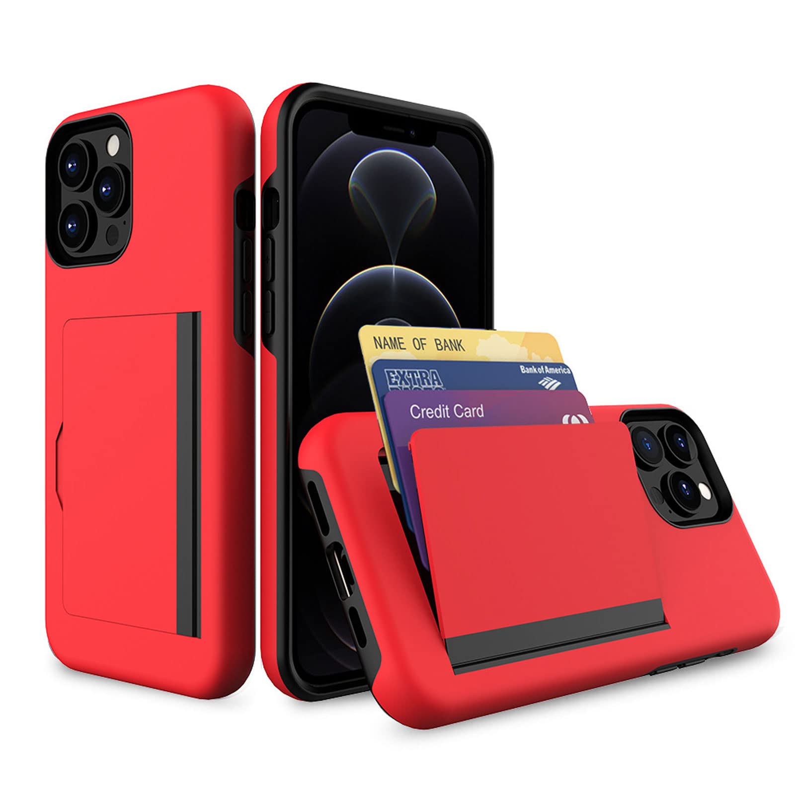Etui do iPhone 14/14 Pro/14 Plus/14 Pro Max, etui na telefon komórkowy z przegródką na karty, funkcją stojaka, czerwone, 14 Pro 6,1"