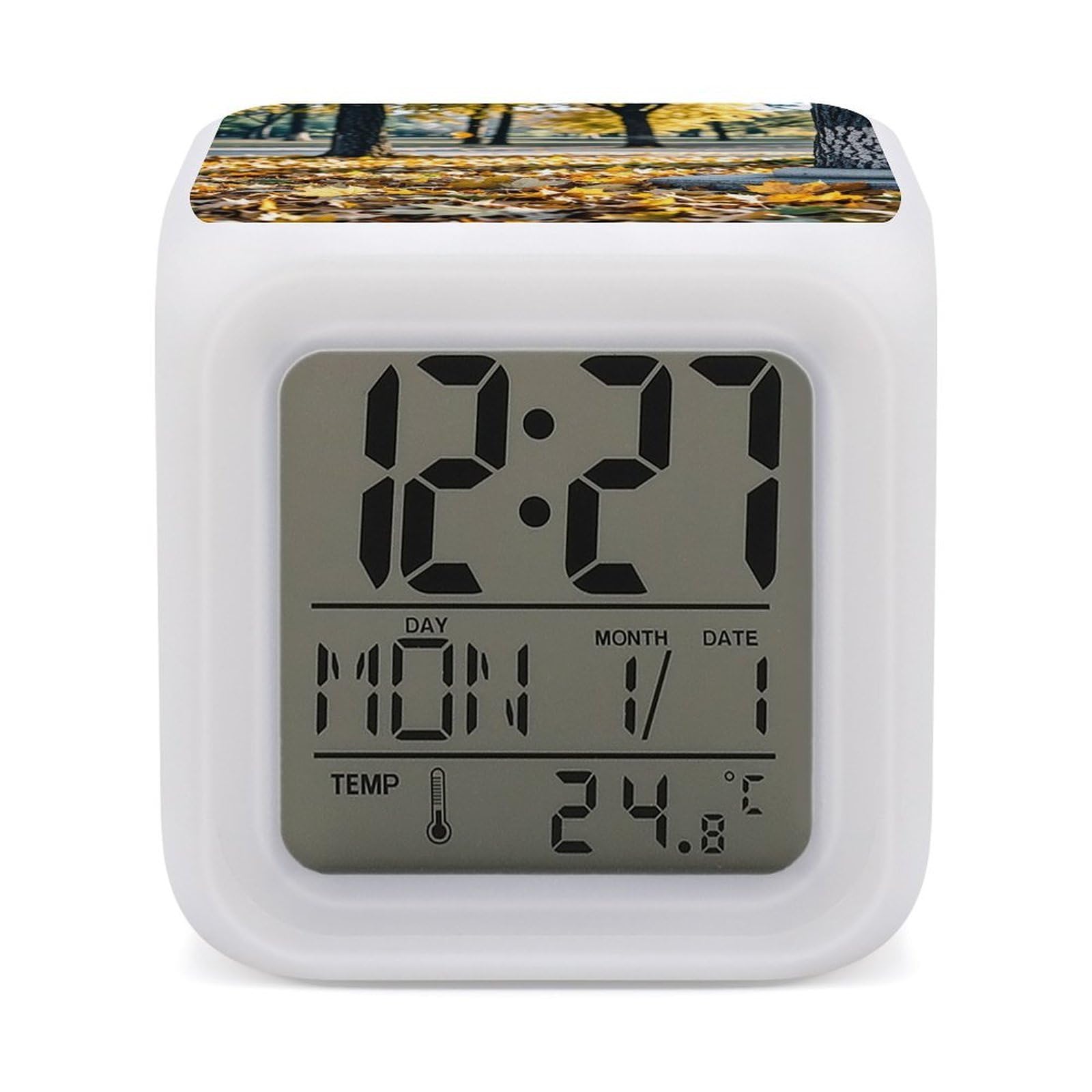 LZQPOEAS Leaves Fall in Autumn Alarm Clock Desk Clock with 7 Color Changing Night Light Digital Clocks with Temperature Display Sleep Training and Sound Machine for Heavy Sleeper