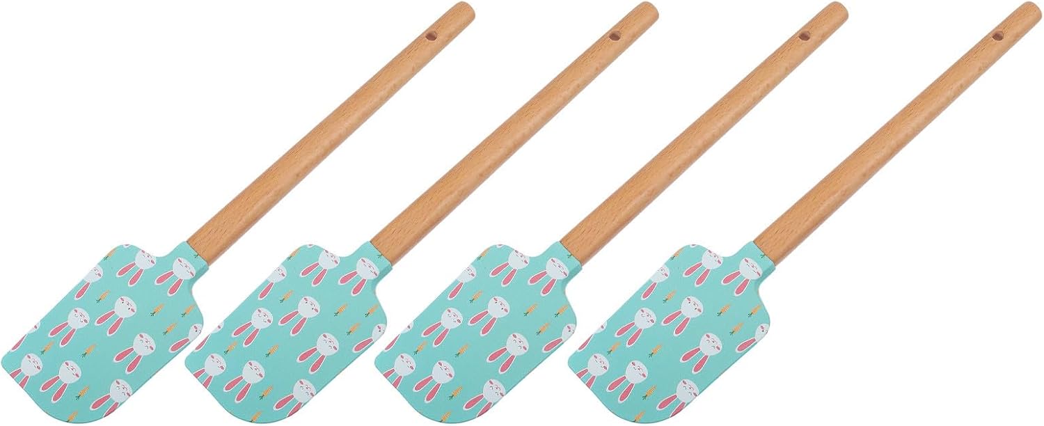 OSALADI 4pcs Silicone Cake Spatula with Wooden Handle, Hanging Hole, Cream Cake Scraper for Baking and Decorating, for Easter and Spring Baking Parties
