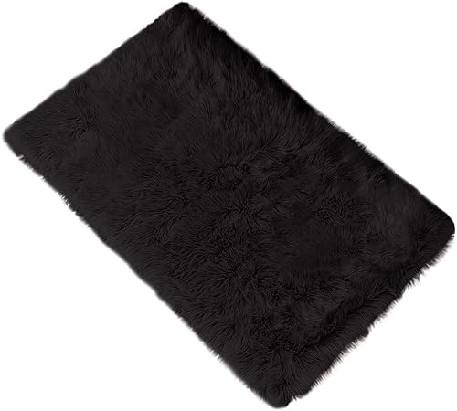 Miniatura 2 de Tapete de cocina mullido para cocina, tapete de ducha negro de lana de oveja sintética, antideslizante, tapete para dormitorio, tapete lanudo para