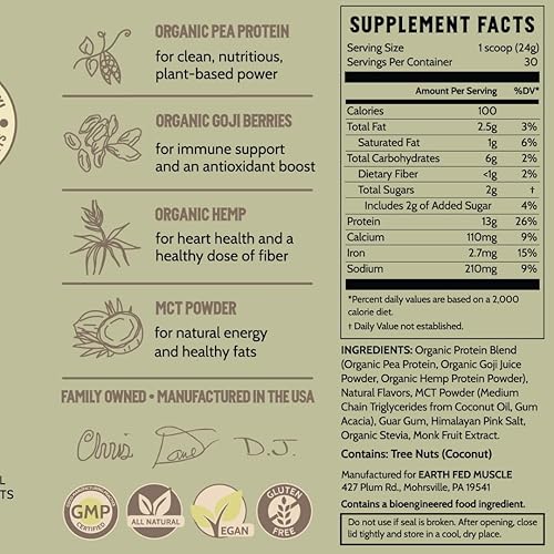 Miniatura 7 de Earth Fed Muscle Common Ground - Proteína vegana en polvo, proteína a base de plantas con sal rosa del Himalaya y aceite MCT, sin soja, sin gluten,