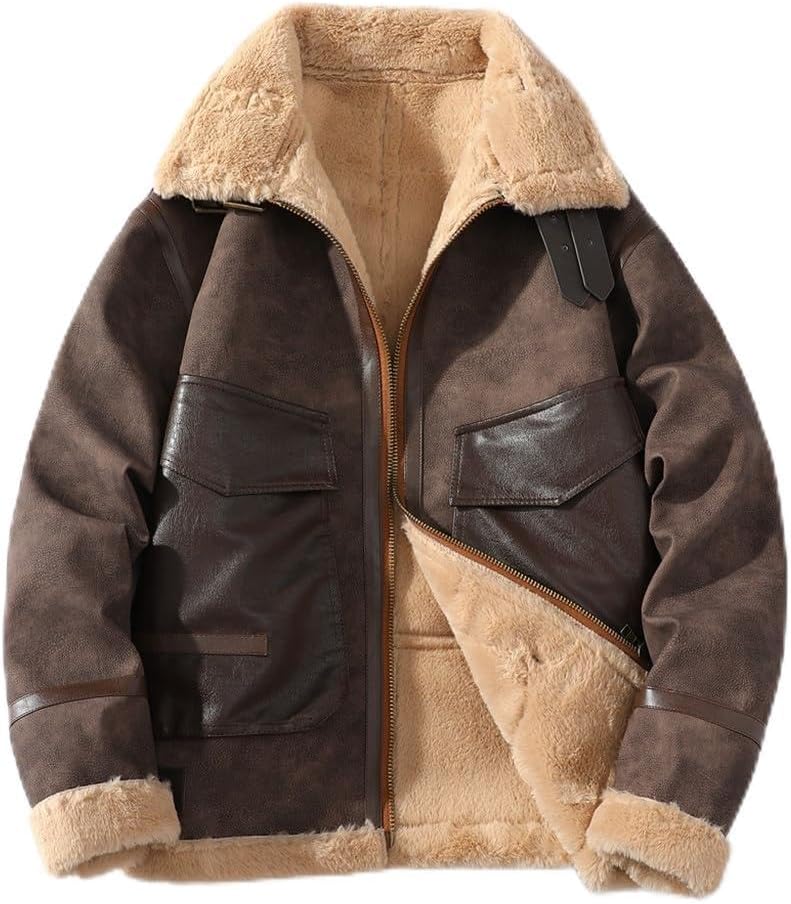 JSEIAJB Winter Wear Men's Casual Loose and Velvet and Thick Leather Jacket Coat