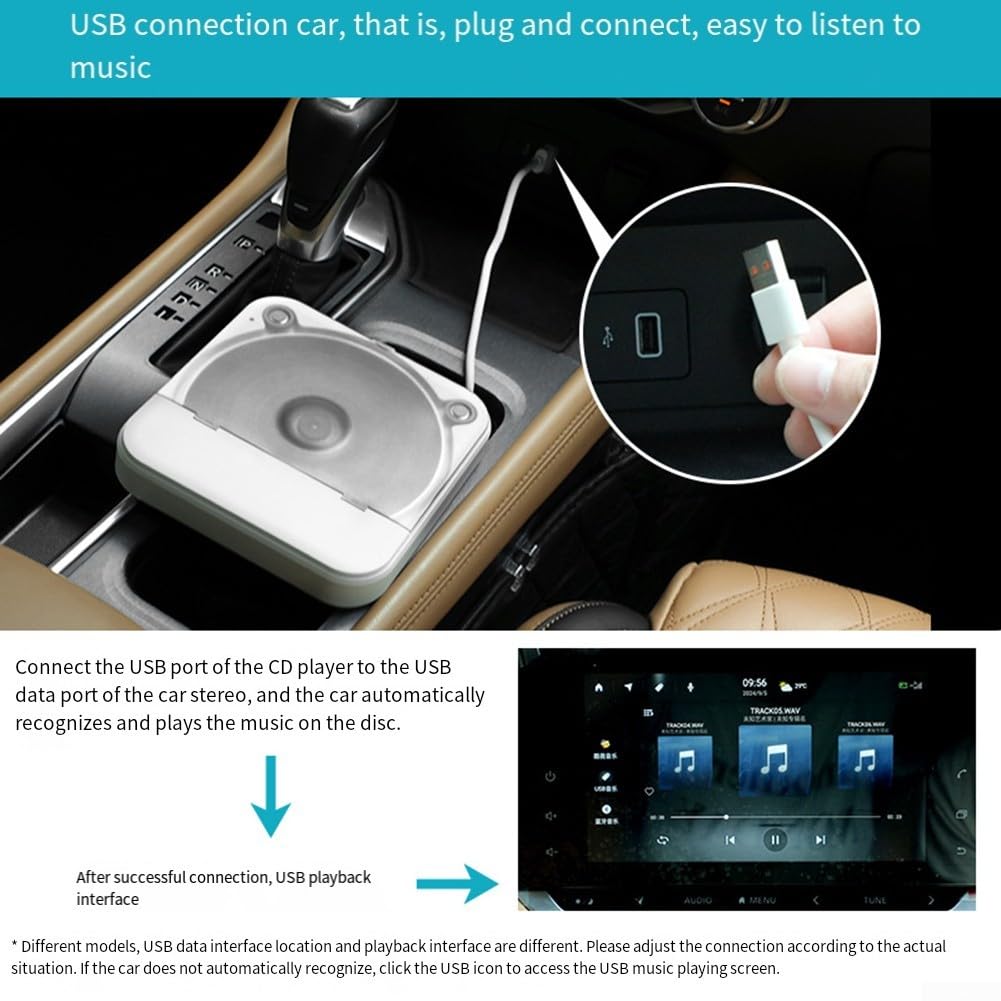Lettore CD portatile per sistema auto USB AUX Port Anti-Skip Protezione Leggero Discman esterno per uso domestico Bianco 14,3 centimetri