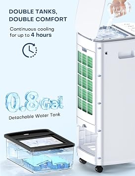 BALKO 25-INCH Evaporative Air Cooler, Swamp Cooler Air Conditioner w/Double Tanks, Smart Timer, 3 Ice Packs, 60W Windowless Air Conditioner, 70 Oscillation,3-Speed Portable Air Conditioners for Room