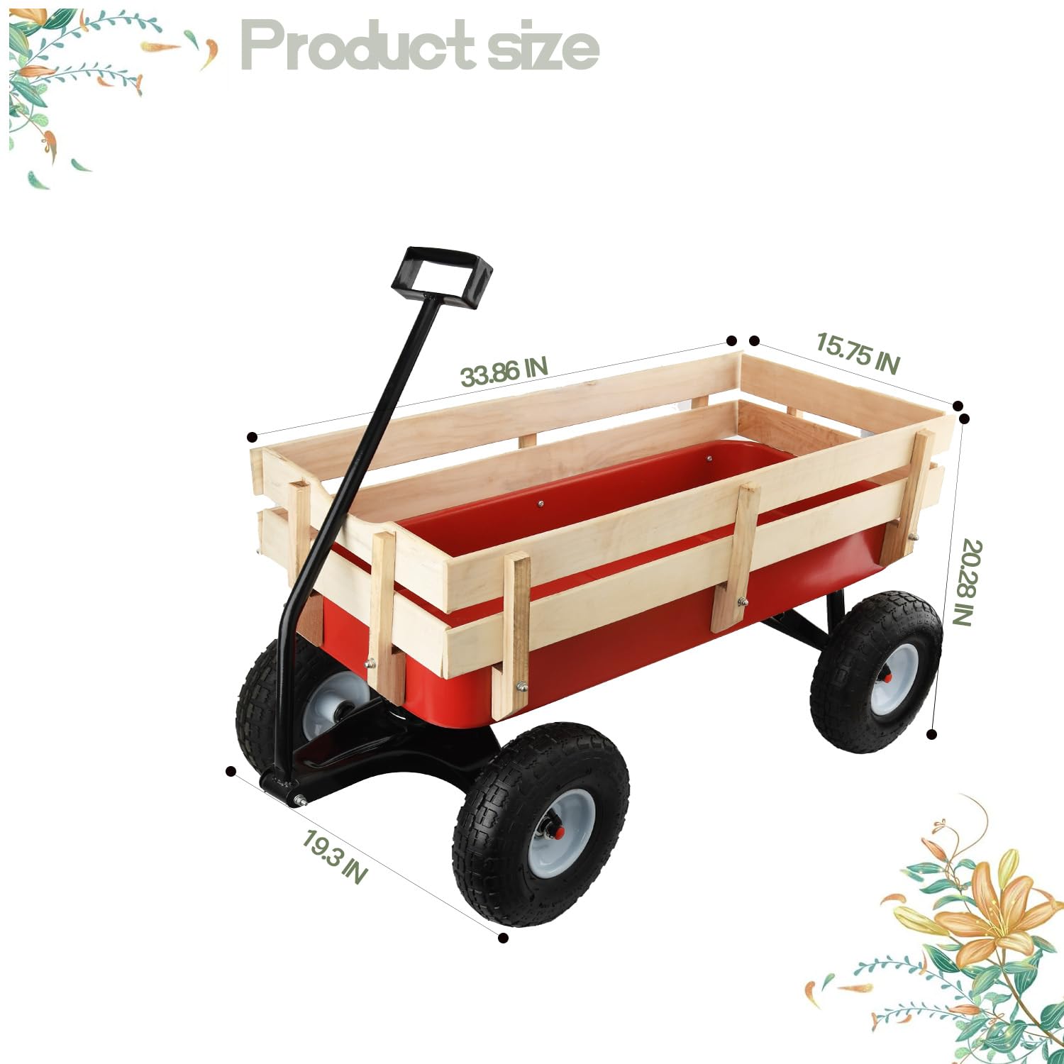 HDYEGIOU All-Terrain Cargo Wagon Pull Along Wagon for Kids Red Wooden Cargo with Removable Wooden Side Panels,Big Tires and Wide Grip Handle for Towing Kids Toys, 33x15.7x20 Inch