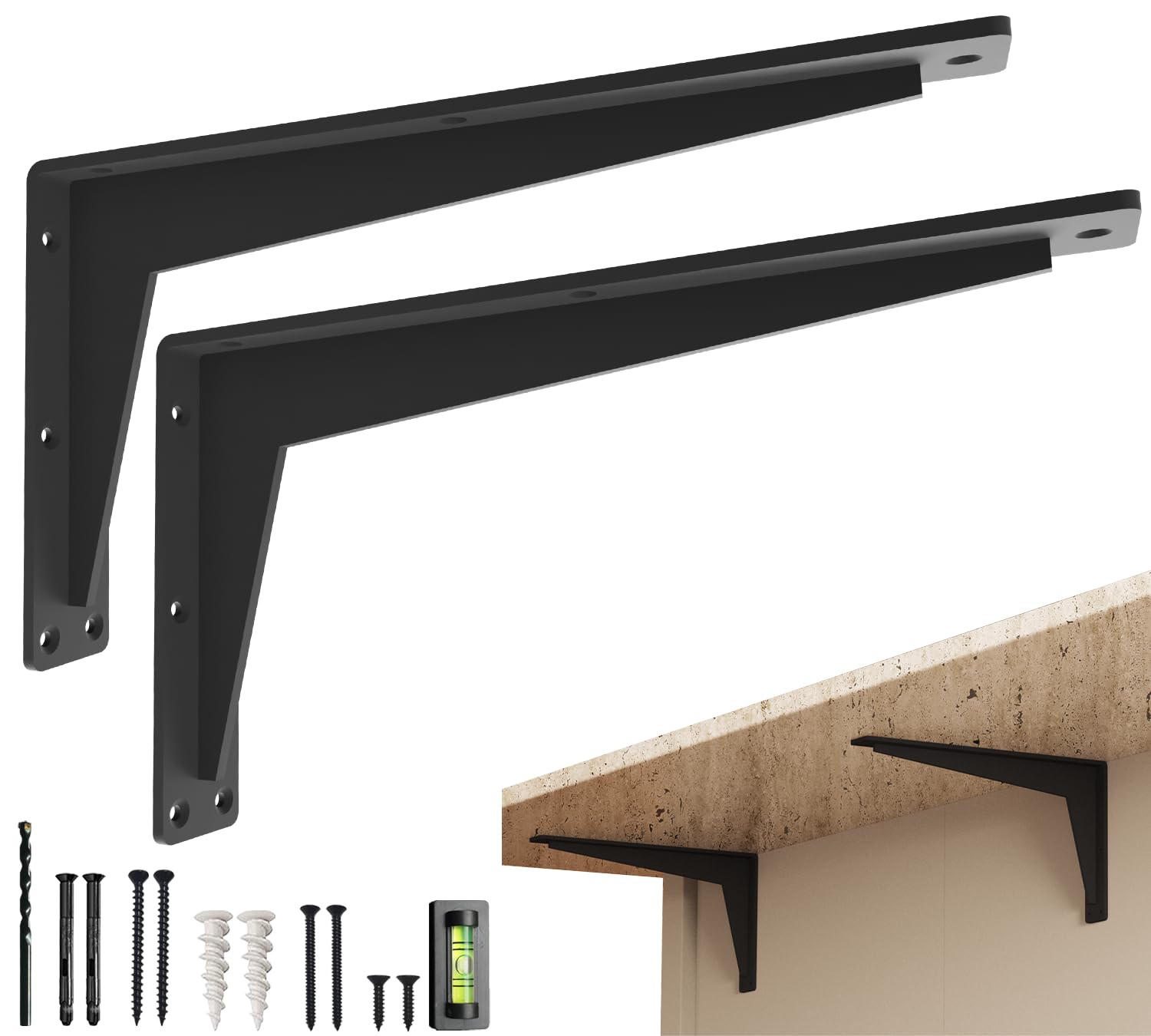 Photo 1 of 2 Pack Heavy Duty Shelf Brackets 16 Inch Mantel Decorative L Bracket for Shelves, Metal Shelf Support Bracket, Wall Mounted Granite Countertop Iron Corbels, Floating Black Shelving Brackets