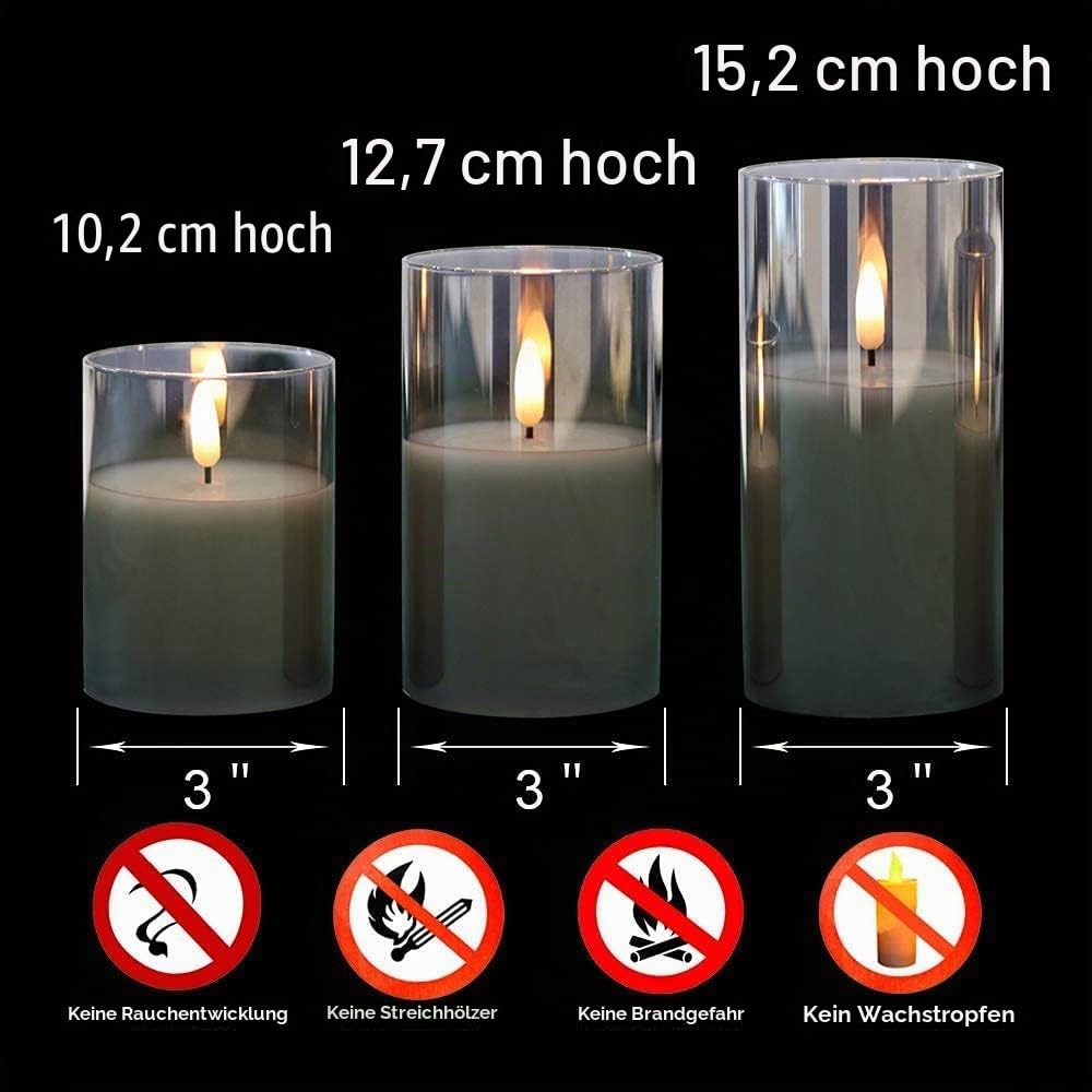 Eldnacele LED Kerzen mit Timerfunktion, flammenlose Kerzen mit Fernbedienung, elektrische Echtwachskerzen im Glas, flackernde Flamme 3-teilige led Kerzen-Set, Art Zimmer Deko, Grau