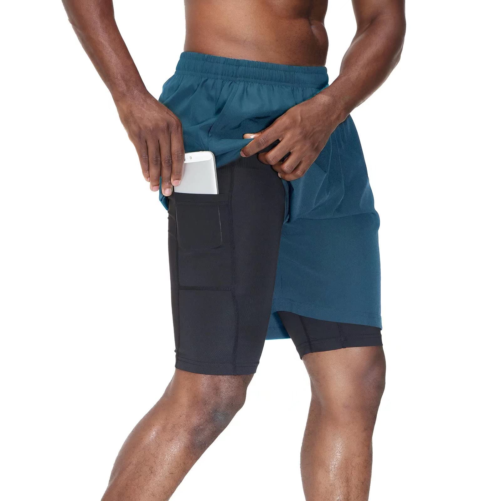 HMIYA Herren 2 in 1 Shorts Fitness Sporthose Kurz Jogginghose Schnelltrocknende Laufhose mit Kompressionsshorts und Taschen Reißverschlussfach