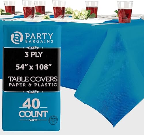 Miniatura 45 de PARTY BARGAINS Manteles de mesa desechables, 54 x 108 pulgadas, color rojo, 3 capas de papel y plástico, resistentes a derrames, 5 unidades