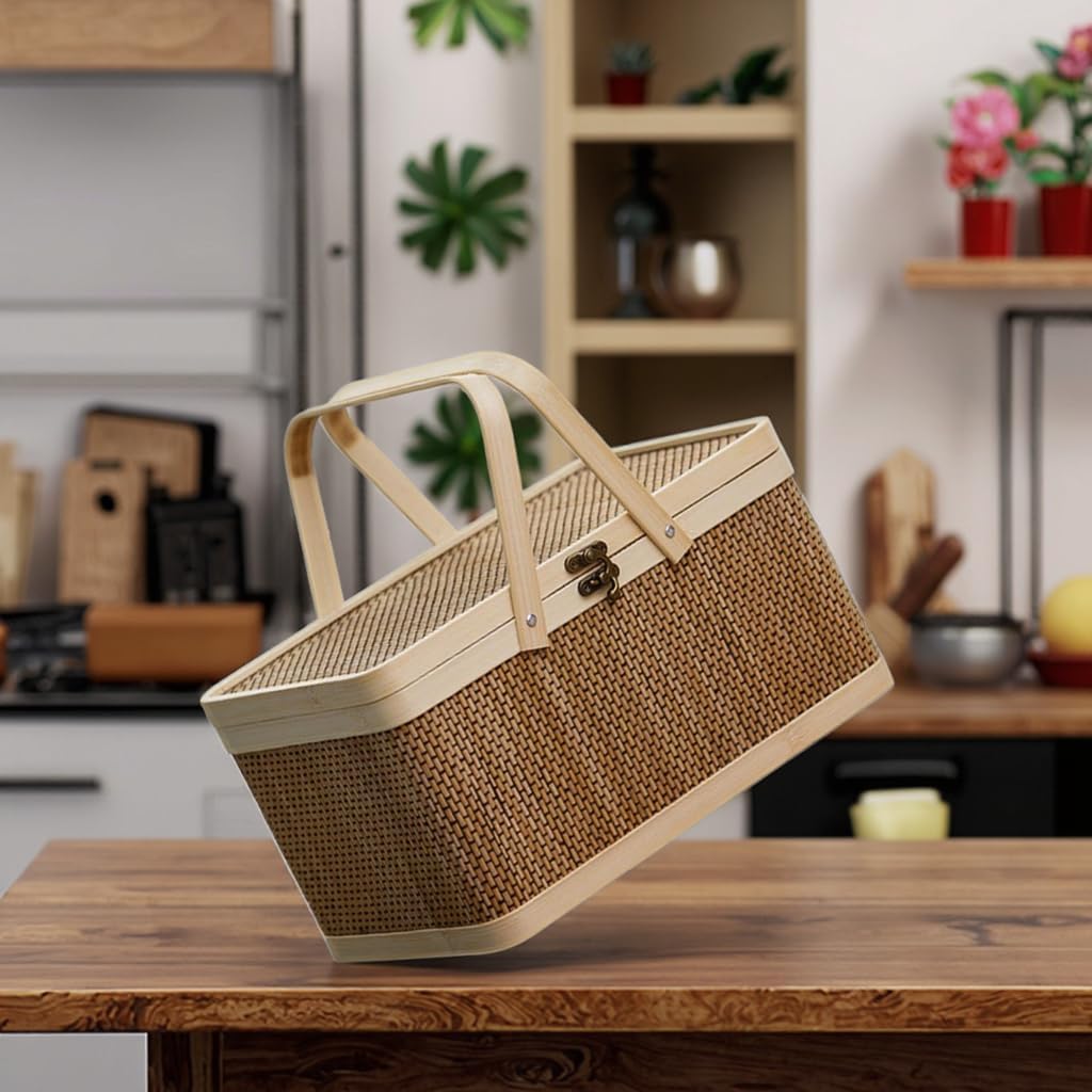 Designed Woven Natural Wood Picnic Basket with Table Lacquer Insulated Bag for Food Oval Wicker Picnic Set