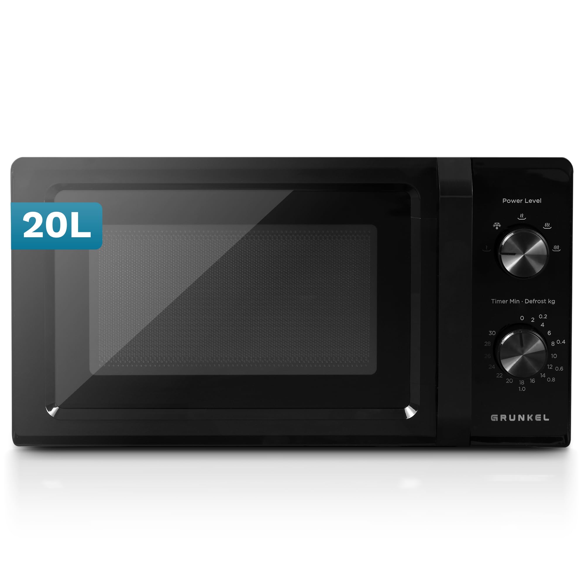 Microondas Grunkel sin grill de 700w MW-20MN con 5 niveles de potencia, descongelacion 20 litros de capacidad y plato de 24,5cm.