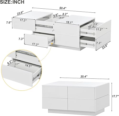 Miniatura 2 de LZ LEISURE ZONE Mesa auxiliar, mesas de centro extensibles con 4 cajones, mesa de cóctel rectangular con compartimento de almacenamiento oculto,