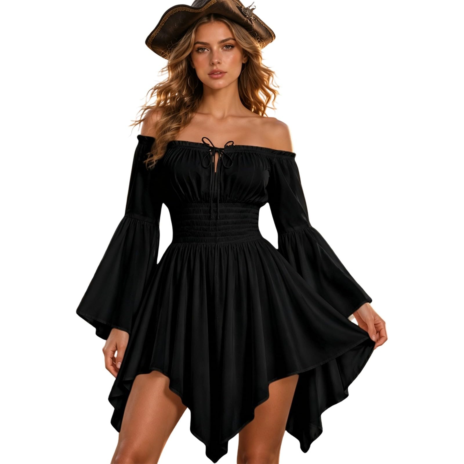 White Pirate Dress Off Shoulder Ruffle Romper Dress White Pirate Halloween Costume Short Puff Sleeve Smocked Jumpsuit Overall Elastic Waist A-Line Shorts Mini Dresses