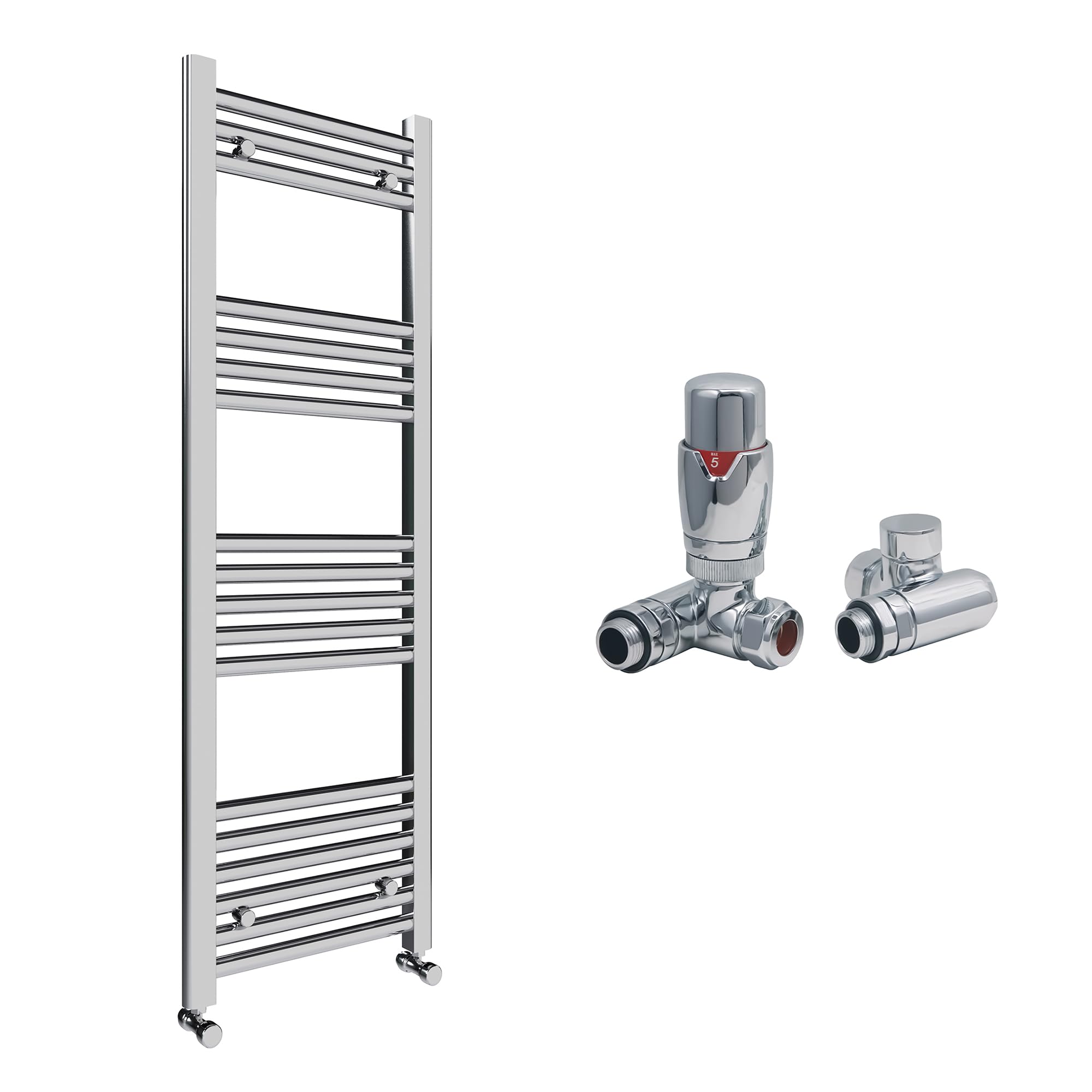 Chrome Bathroom Straight Heated Towel Rail Radiator 400 x 1200 & Dual Fuel Thermostatic Corner Valves