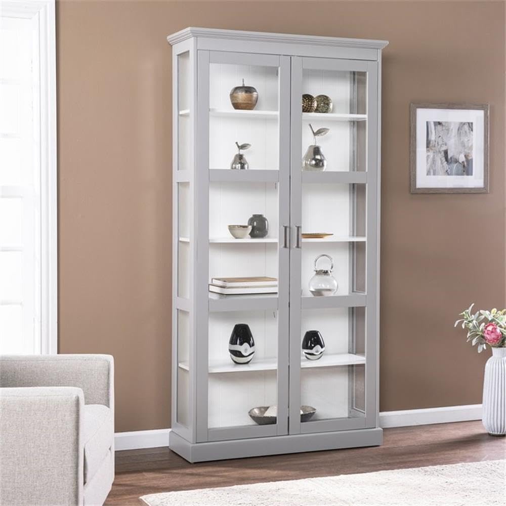 Bowery Hill Transitional Tall Wood Curio Cabinet, Gray Finish, 77.75"H x 39.5"W x 14"D, 6 Fixed Shelves with Glass Doors, Engineered Wood with White Interior, Classic Display Cabinet for Entryway or