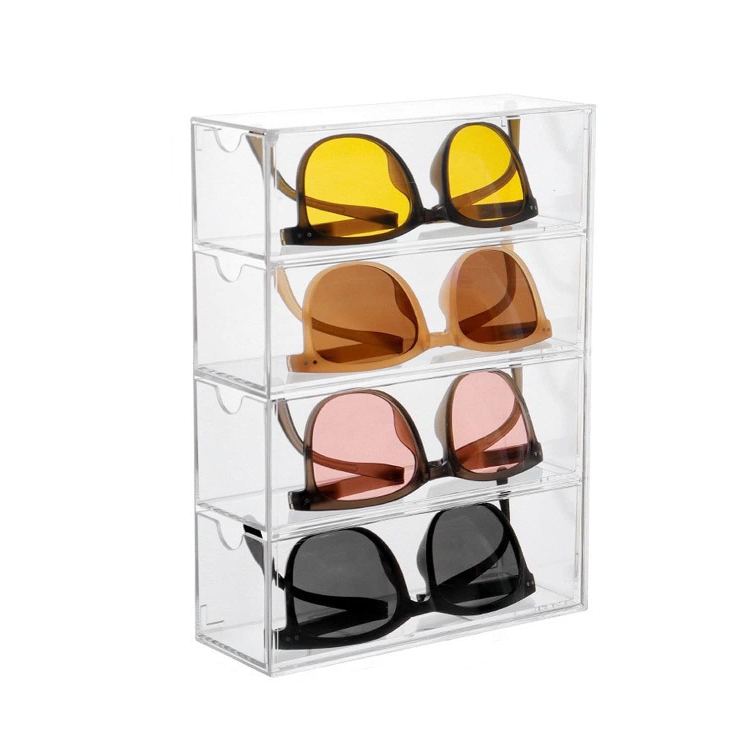 TERRIFI Acrylic Sunglasses Organizer, Stackable Eyewear Display Tray with 4 Lid Drawer Organizer Rectang Supplies for Bathroom, Dorm, Desk, Countertop, Office (Transparent)