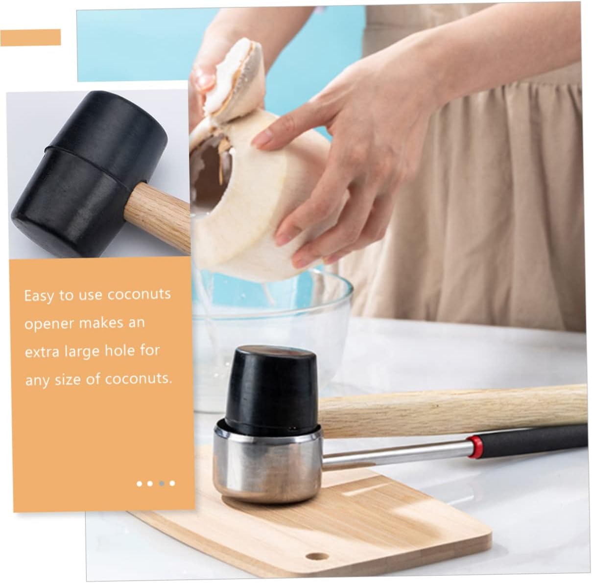 Coconut Opener Tool Set 4-Piece Stainless Steel Coconuts Meat Removal Kit Scraper and Punch for Home Use