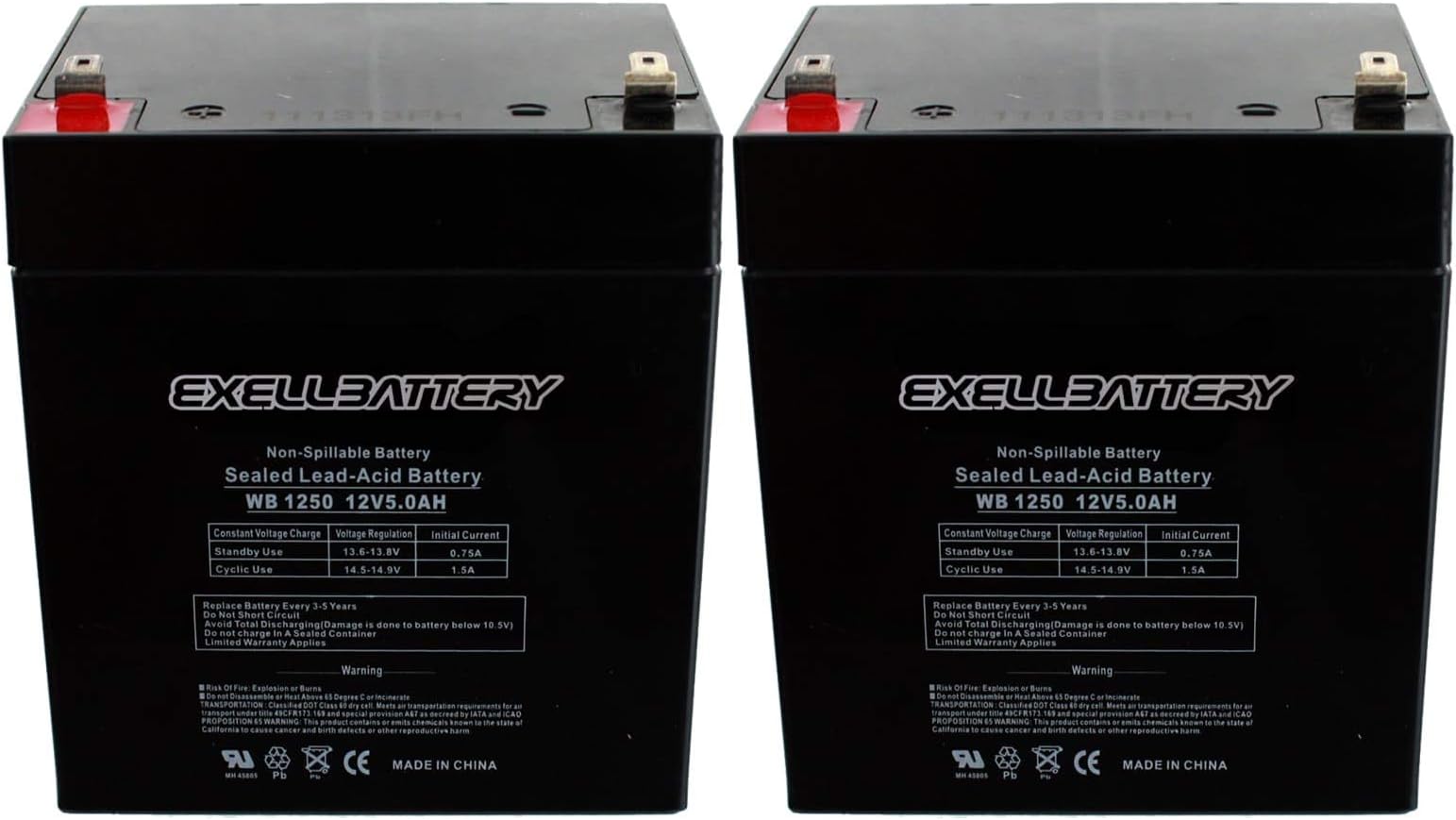 - Exell Battery 2pc 12V 5Ah F1 SLA Razor E100 E125 E150 Electric Scooter Replacement Battery EB1250F1 for UB1250, D5741, WKA12-5F UPS Backup Battery, Smoke Detector, exit Signs, inverters, Lighting