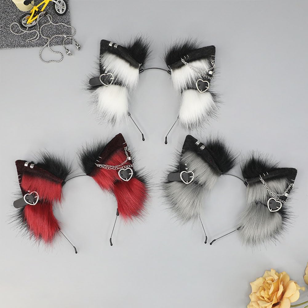Furry Cat Ears Headband Punk Gothic Heart Clips Animal Ears Hair Hoop for Halloween Cosplay Costume Party image 5