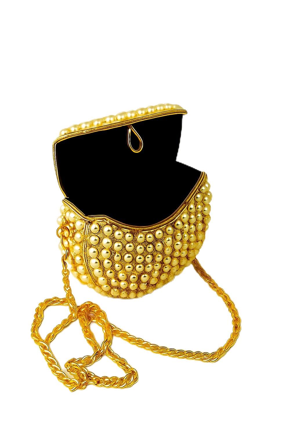 Pearl Embellished Evening Clutch, Gold Chain Strap, Vintage Style Handbag, Cream Pearl and Gold Metal, 4.5x4.5 Inch-picture-43