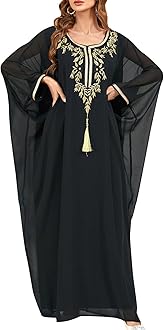 OBEEII Muslim Dress for Women Loose Batwing Sleeved Hooded Beaded Embroidery Long Abaya Dress Kaftan Abayas Islamic Robe